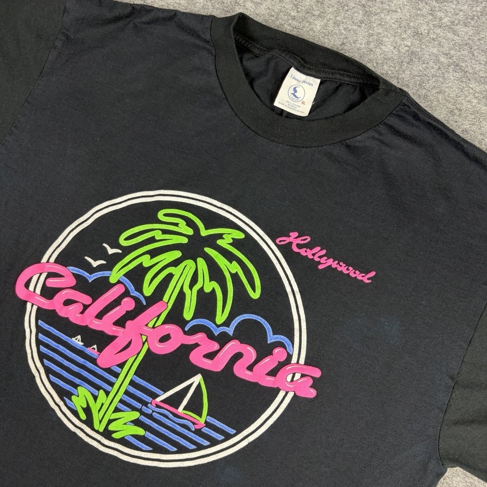 Vintage 90s Hollywood Single Stitch Shirt California T-Shirt Neon Black 1990s XL